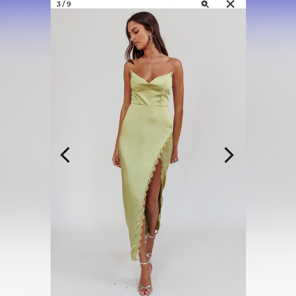 SAINTS & SECRETS
Winter Moon Strapless Lace Trim Midi Dress Sage